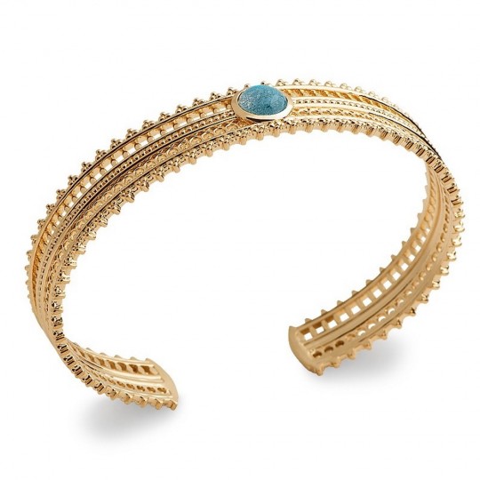 Jonc ouvert dentelle pierre bleue labradorite Plaqué Or - 58mm