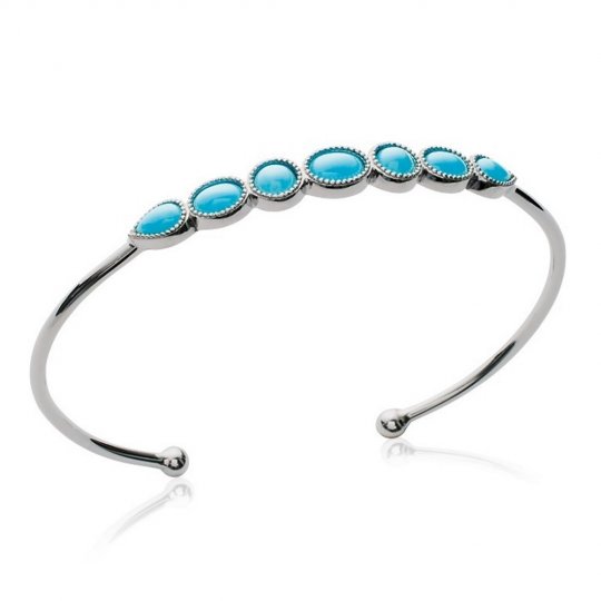 Jonc ouvert Pierres de synthèse turquoises Argent Rhodié - 58mm