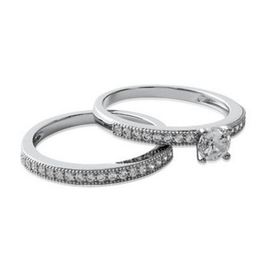Bague Solitaire double anneaux Argent Rhodié - Oxyde de Zirconium