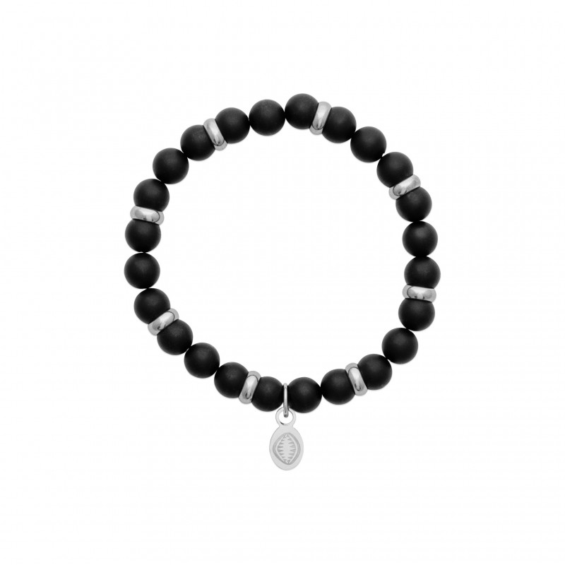 Bracelet Pierres naturelles Agate noire Mate, Acier inoxydable, Homme, 60 mm, Lithothérapie