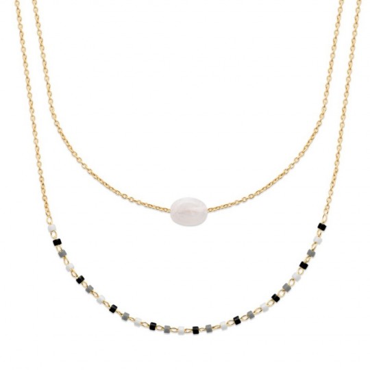 Collier Double - Pierre de lune & Perles de Miyuki - Plaqué Or - 45cm