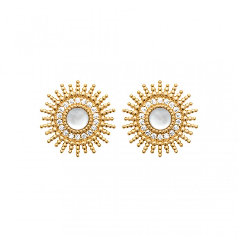 Boucles d'Oreilles Puces Soleil Nacre Oxyde de zirconium Plaqu Or