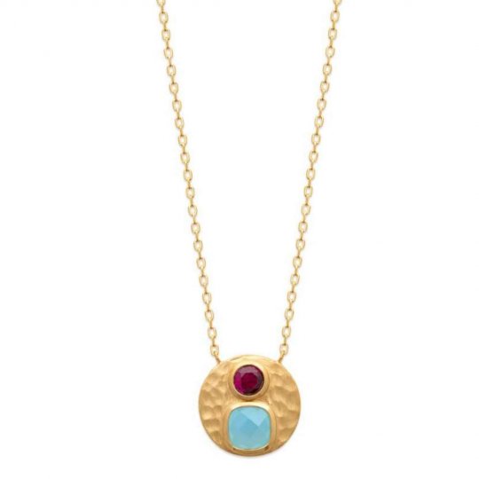 Collier Agate Bleue - pierre d'imit.Rose - Plaqué Or - Femme - 45cm