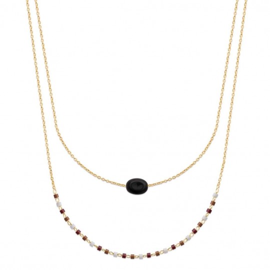 Collier Double Plaqué Or - Obsidienne Noire & Perles de Miyuki - 45cm