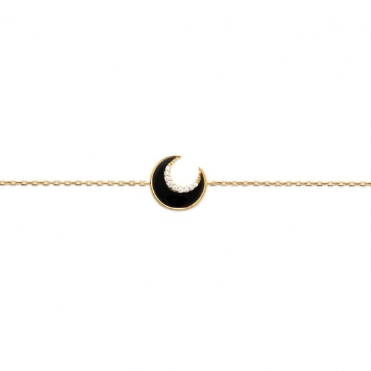 Bracelet Croissant de Lune - Agate Noire - Plaqué Or - 18cm