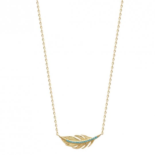 Collier Plume Pierre d'Imit.Bleu turquoise Plaqué Or - 45cm