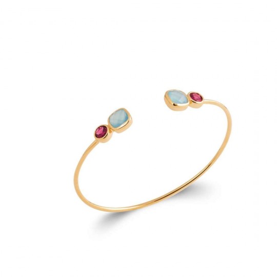 Jonc Ouvert Plaqué Or - Pierre Agate Bleue - Zircone - Femme - 58mm