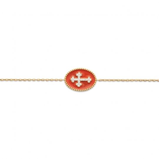 Bracelet croix Plaqué Or - Email rouge - Oxyde de zirconium - 18cm