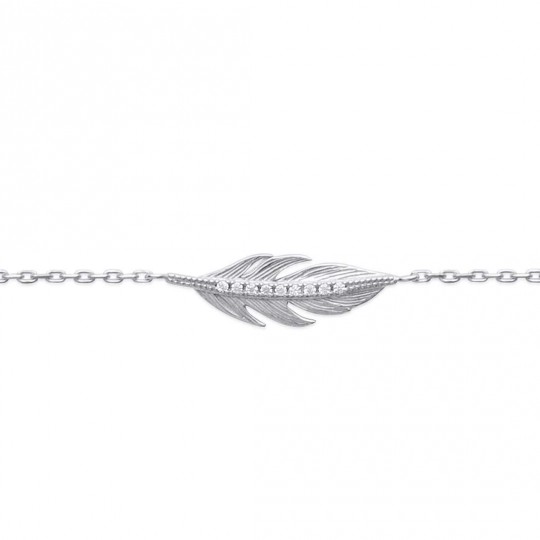Bracelet Plume Argent Rhodié - Oxyde de Zirconium - 16/18cm