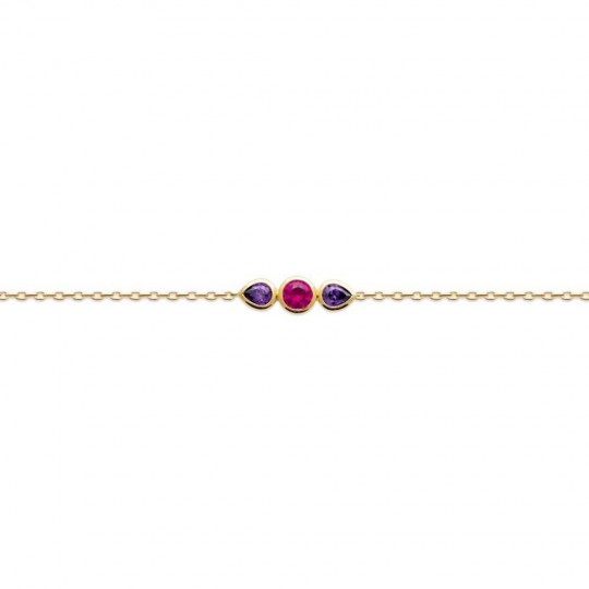 Bracelet Pierres de synthèse Rose et violet Plaqué or 18cm