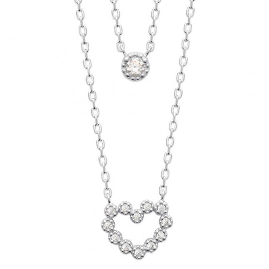 Collier double rangs Coeurs Argent rhodié Oxydes de zirconium 45cm