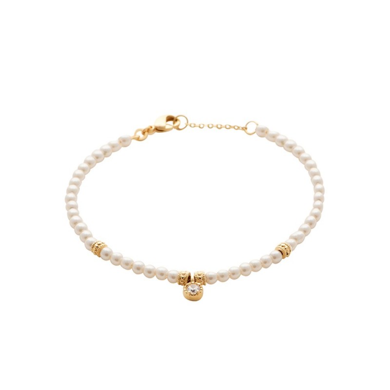 Bracelet Plaqué or Zircones Perle d'imitation 18cm
