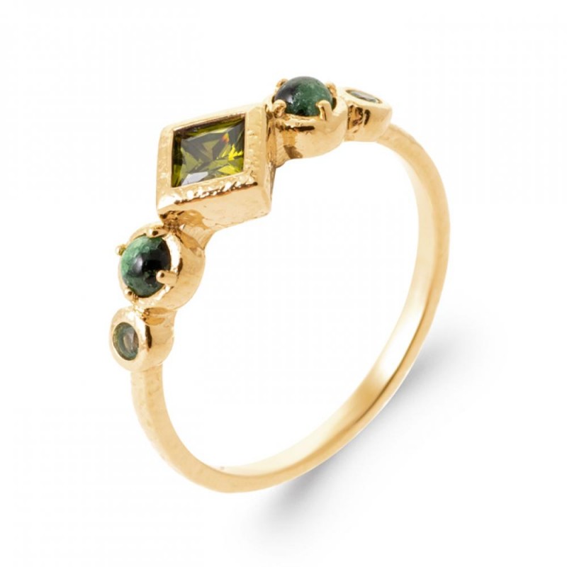 Bague Plaqué or 750/000 Oxyde de zirconium Malachite