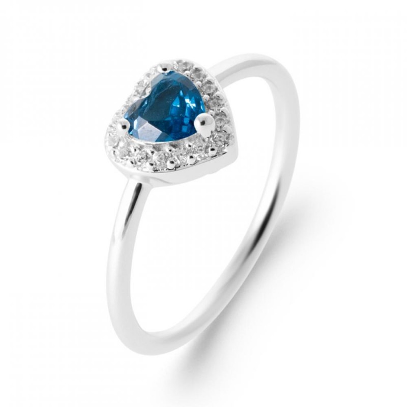 Bague Coeur Argent massif 925/000 rhodié Oxyde de zirconium Pierre de synthèse Bleu