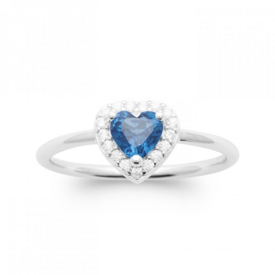 Bague Coeur Argent massif 925/000 rhodié Oxyde de zirconium Pierre de synthèse Bleu
