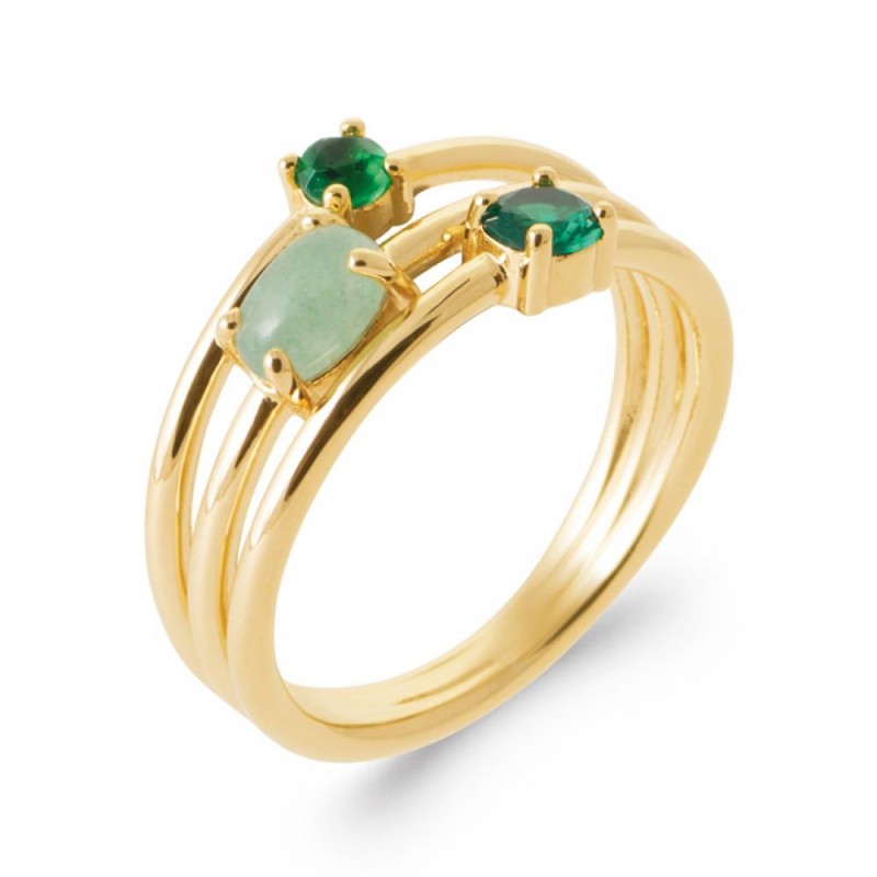 Bague Agate verte et Pierres vertes de synthèse, Plaqué or