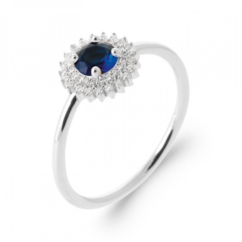 Bague Soleil Argent massif 925/000 rhodié Oxyde de zirconium Pierre de synthèse Bleu