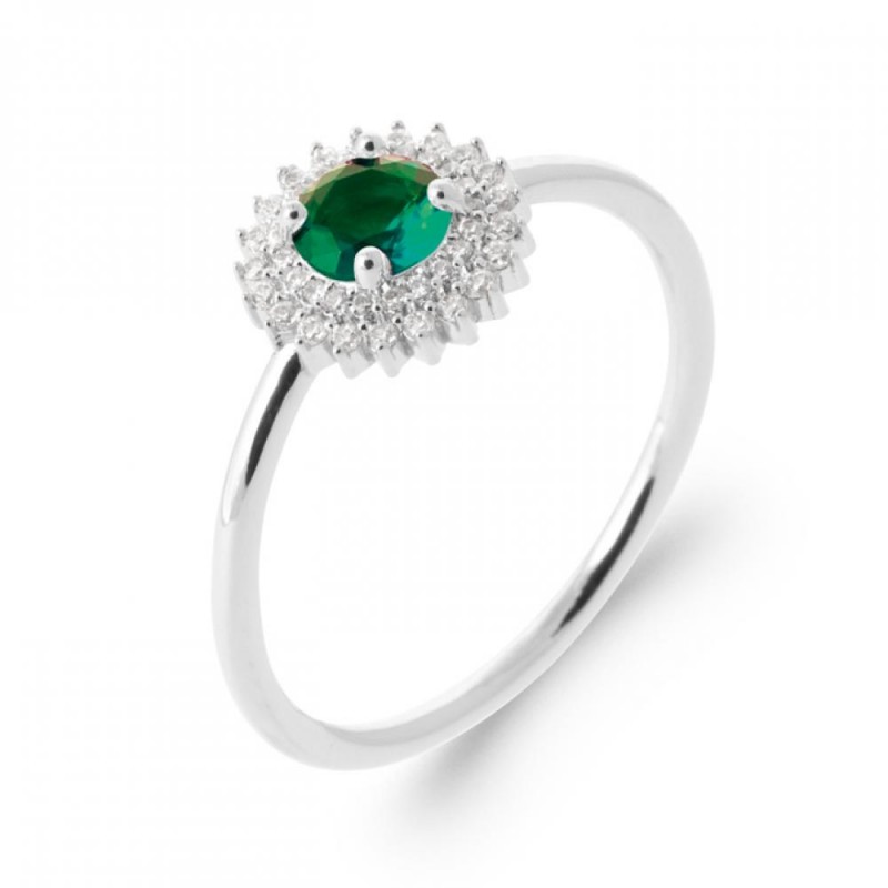 Bague Soleil Argent massif 925/000 rhodié Oxyde de zirconium Pierre de synthèse Vert