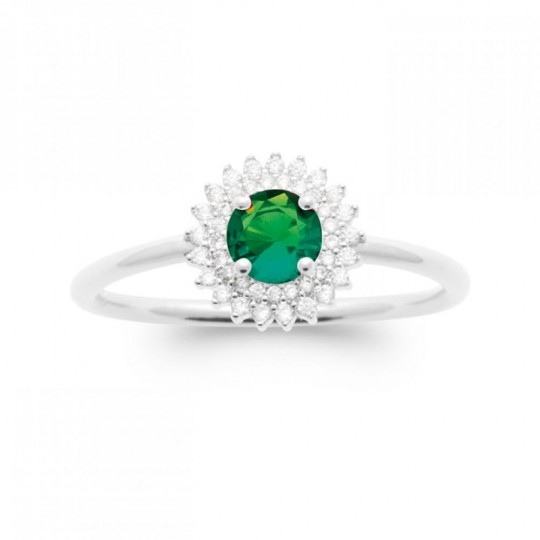 Bague Soleil Argent massif 925/000 rhodié Oxyde de zirconium Pierre de synthèse Vert