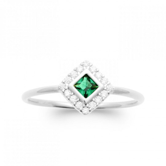 Bague Losange Argent massif 925/000 rhodié Oxyde de zirconium Pierre de synthèse Vert