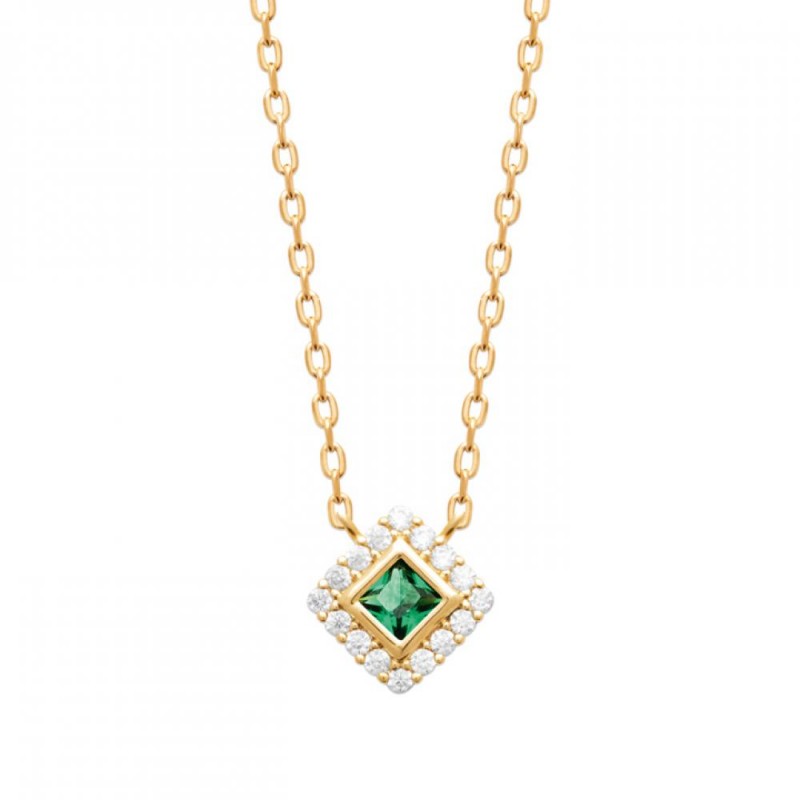 Collier Losange Plaqué or 750/000 Oxyde de zirconium Pierre de synthèse Vert 45cm