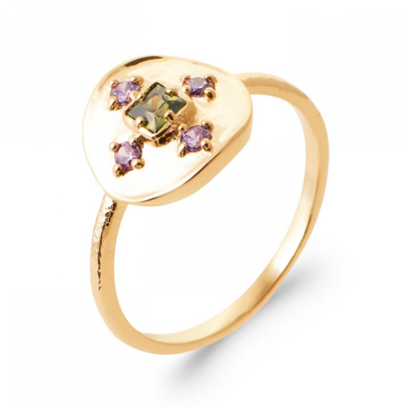 Bague Plaqué or 750/000  Pierre de synthèse Vert Violet