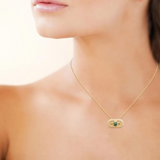 Collier Jaspe Dalmatien, Pierres jaunes de synthèse, Plaqué or 750/000, 45cm