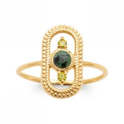 Bague fine Jaspe Dalmatien, Pierres jaunes de synthèse, Plaqué or 750/000