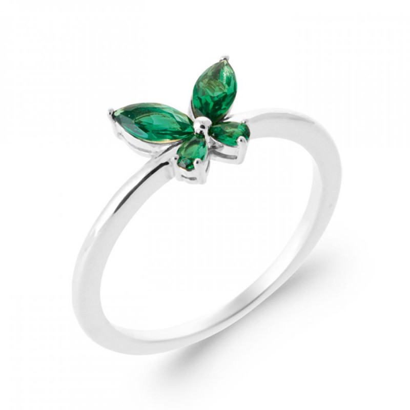 Bague Papillon Argent massif 925/000 rhodié Oxyde de zirconium Vert