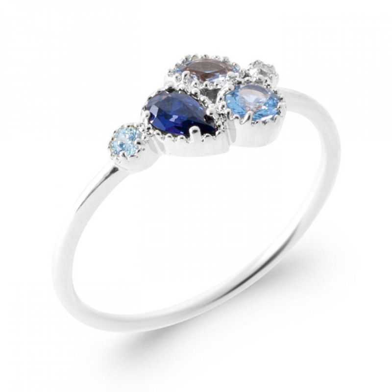 Bague Argent rhodié Oxyde de Zirconium Pierres bleue de synthèse