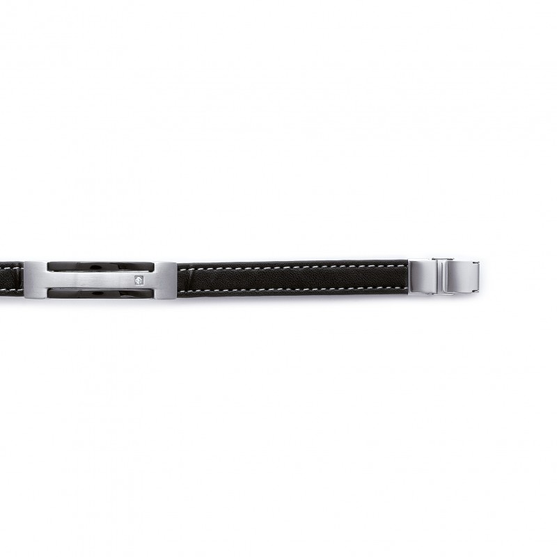 Bracelet cuir Larg.11mm noir Acier 316L Inoxydable Ruthénium - Homme - 21cm
