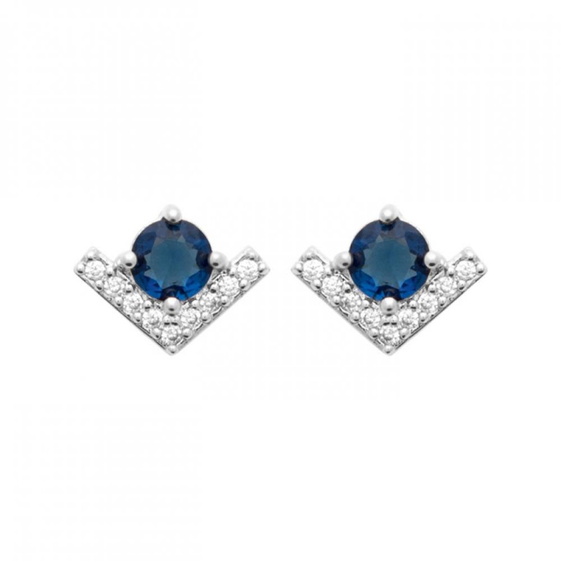 Boucles d'oreilles en V 9mm Larg.6mm Argent rhodié Oxyde de zirconium Pierre de synthèse Bleu