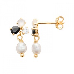 Boucles d'oreilles 15mm Plaqué or 750/000 Perle de culture Pierre de Lune Oxyde de zirconium Pierre de Synthèse Noire
