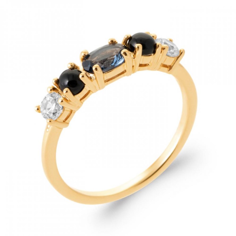 Bague Agate Noire Pierre Bleu de Synthèse Plaqué or 750/000 Oxyde de zirconium
