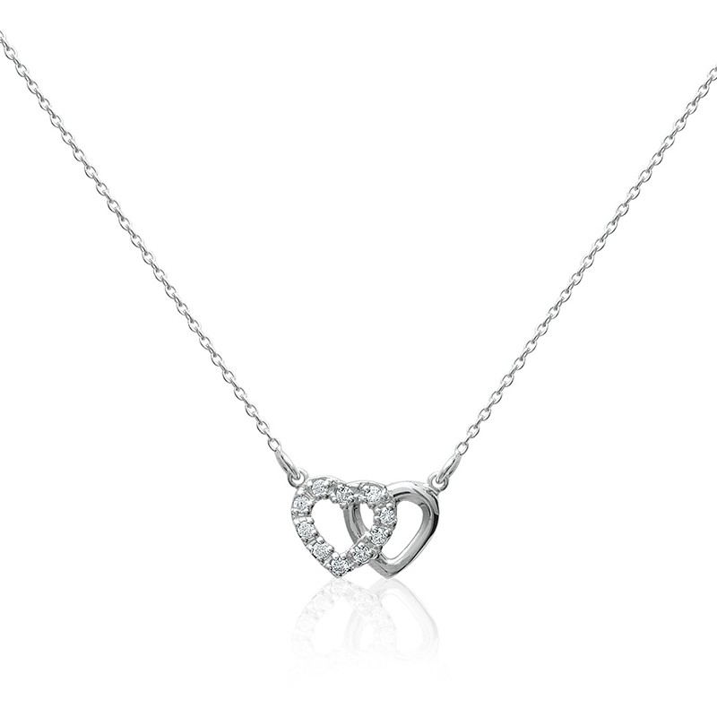 Collier double Cœur 15mm Argent Rhodié - Oxyde de Zirconium - 42cm