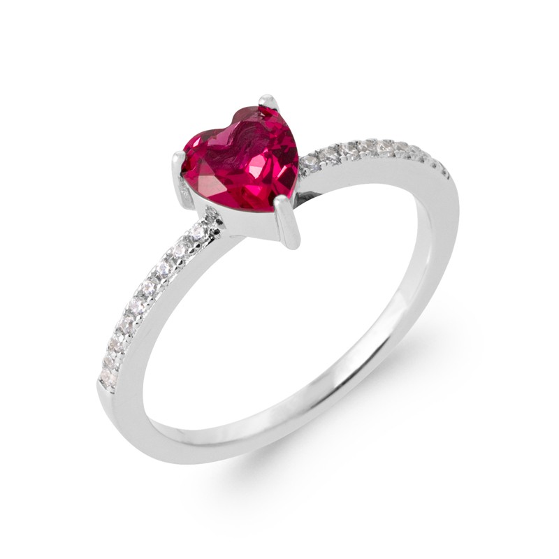 Bague de fiançailles Coeur Pierre rouge de synthèse épaulée d'Oxydes de Zirconium Argent rhodié