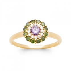 Bague Fleur Plaqué or 750/000 Oxyde de zirconium Pierre Verte & Violet de synthèse