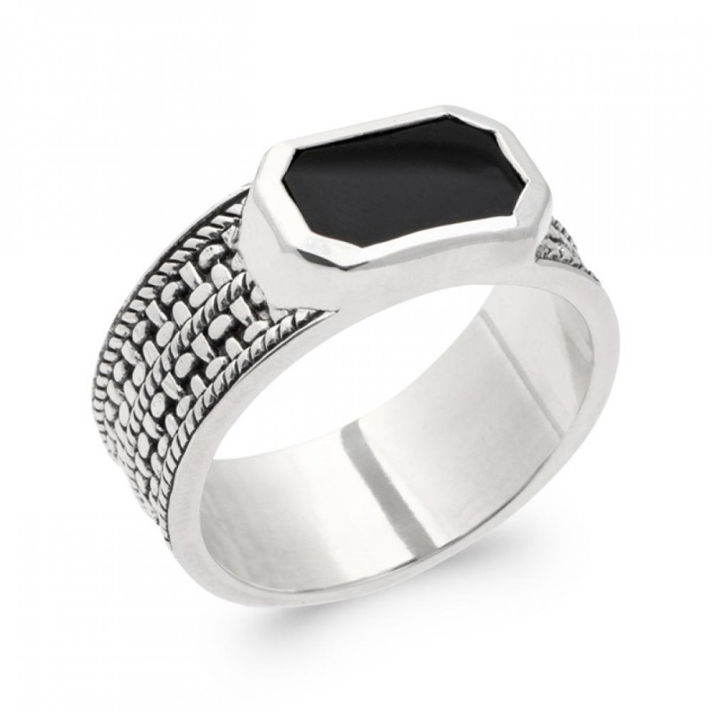 Bague Argent Quantum 925 7mm - Agate noire - Homme
