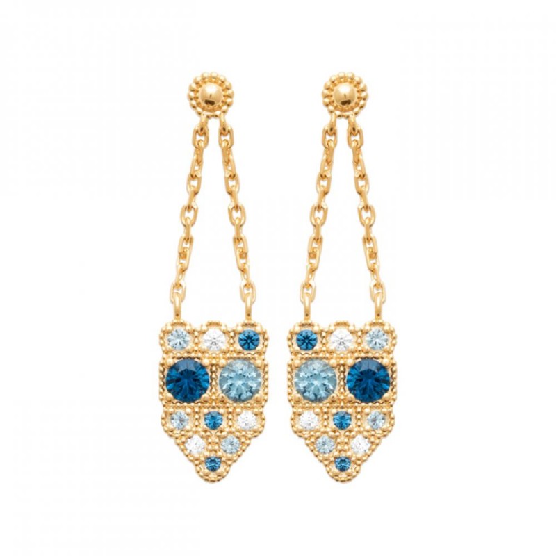 Boucles d'oreilles Pendantes Chaîne Plaqué or 750/000 Pierre bleue/blanche de synthèse