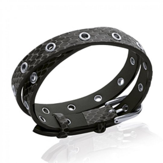 Bracelet cuir noir peau de serpent avec trous - Femme - 19cm