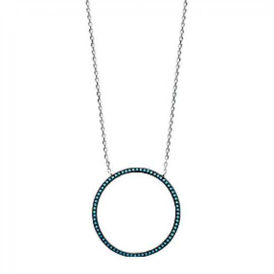Collier anneau noir pierres d'imitation bleues turquoise Argent Rhodié - 45cm